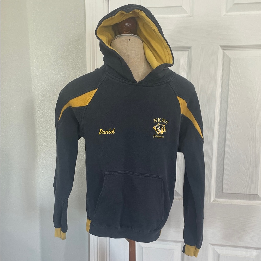 Sport Tek pullover sweatshirt hood Hoodie cotton kangaroo Pockets black gold L